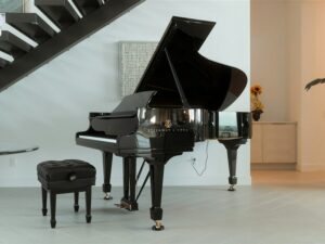 Zwarte vleugelpiano in een lichte woonkamer